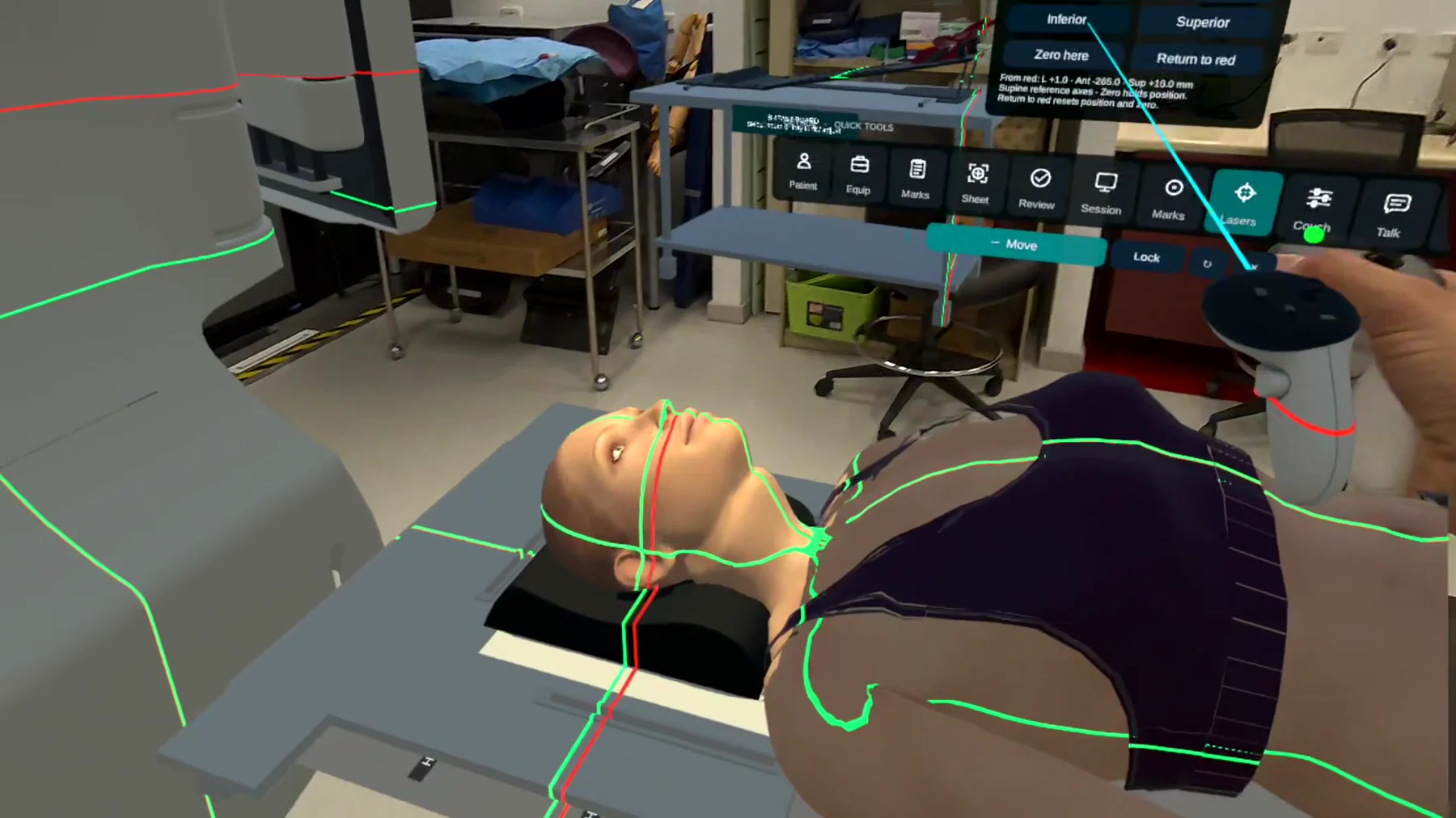Actual Quest passthrough capture: virtual patient and LINAC, setup lasers and controller in a real teaching room.