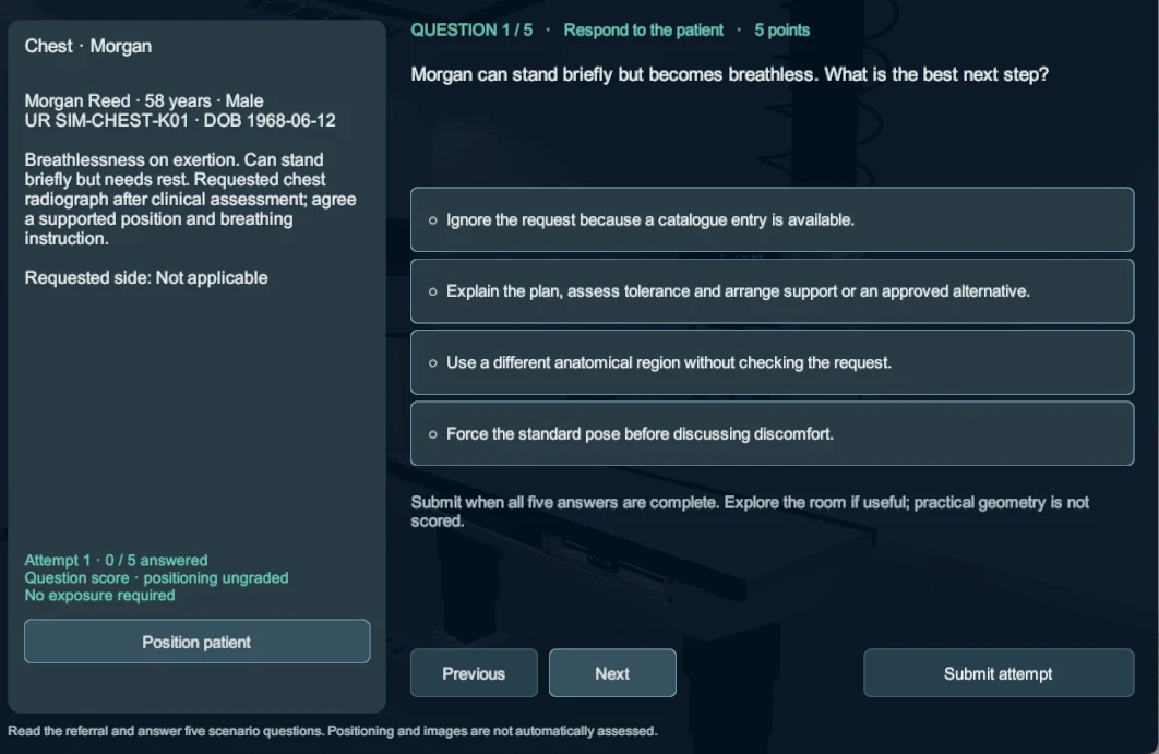 Integrated chest scenario knowledge check asking how to support a patient who becomes breathless, with multiple-choice answers.