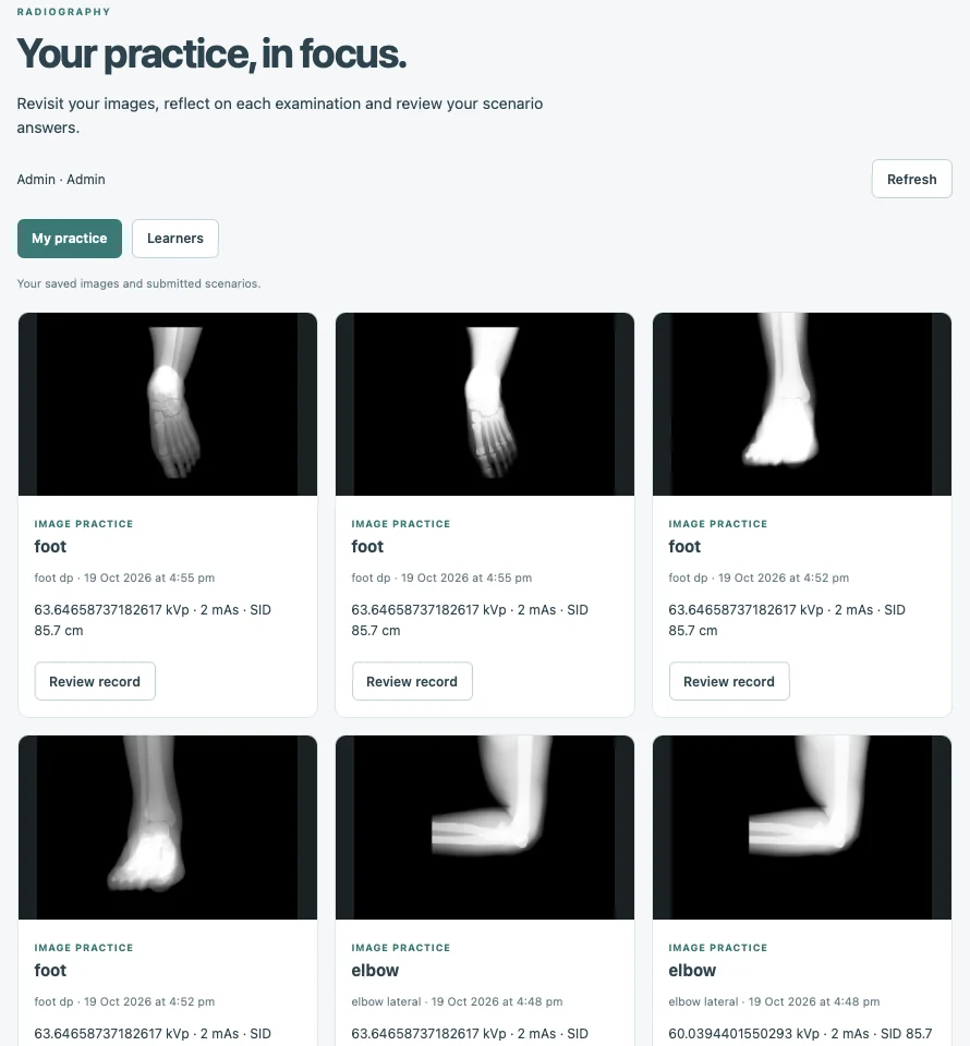 Radiography learner portal displaying demonstration foot and elbow image-practice records.