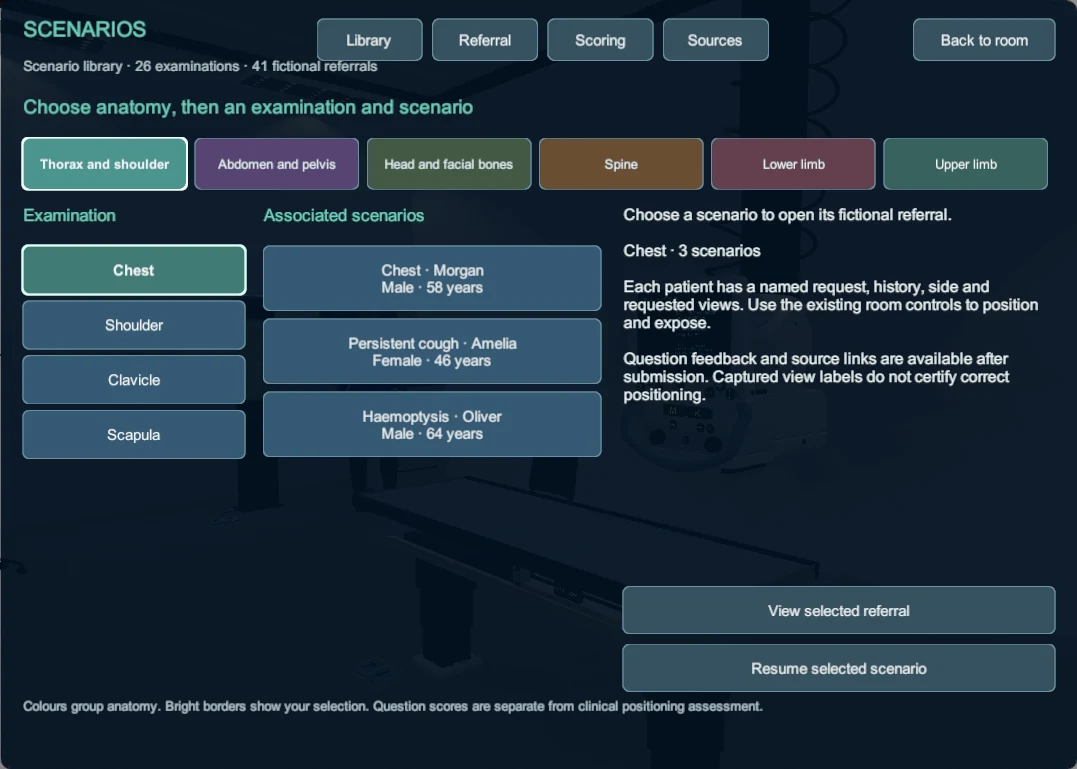 Scenario library organised by anatomical region, examination and fictional patient referral.