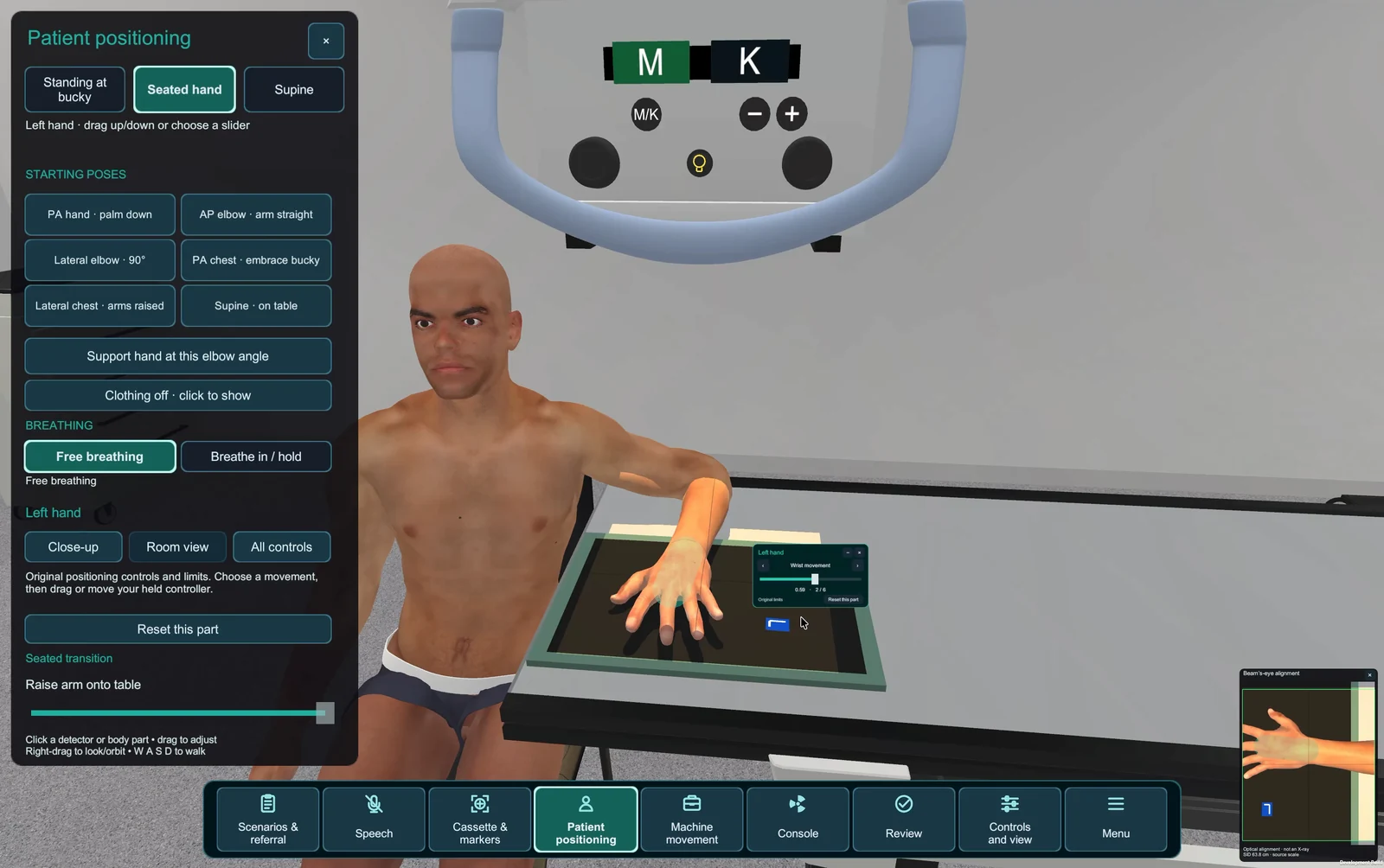 Seated virtual patient with hand on the detector, positioning controls and a beam alignment view.