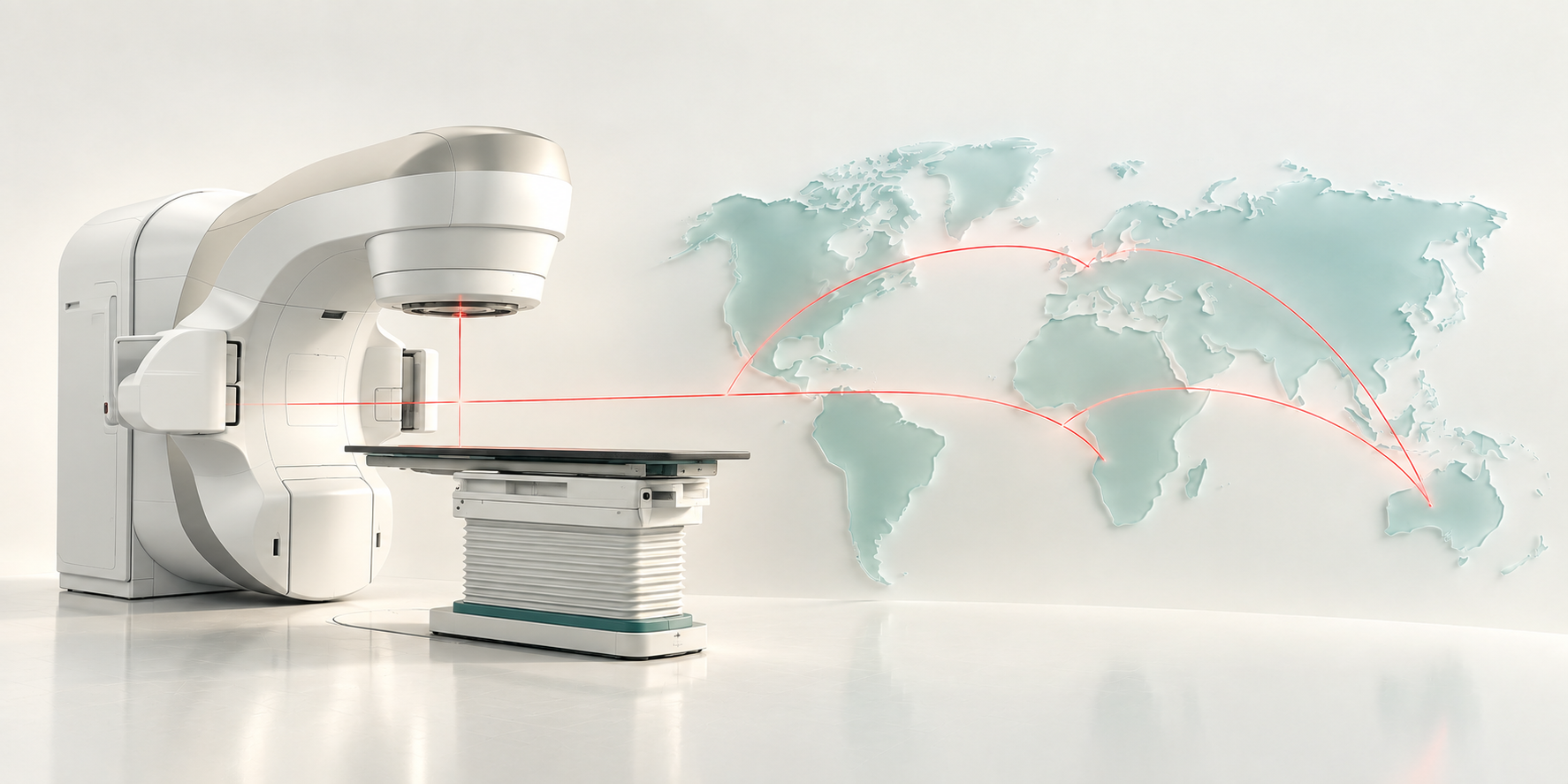 Concept illustration of a radiotherapy gantry with fine red laser lines extending across a pale world silhouette, symbolising education across borders.