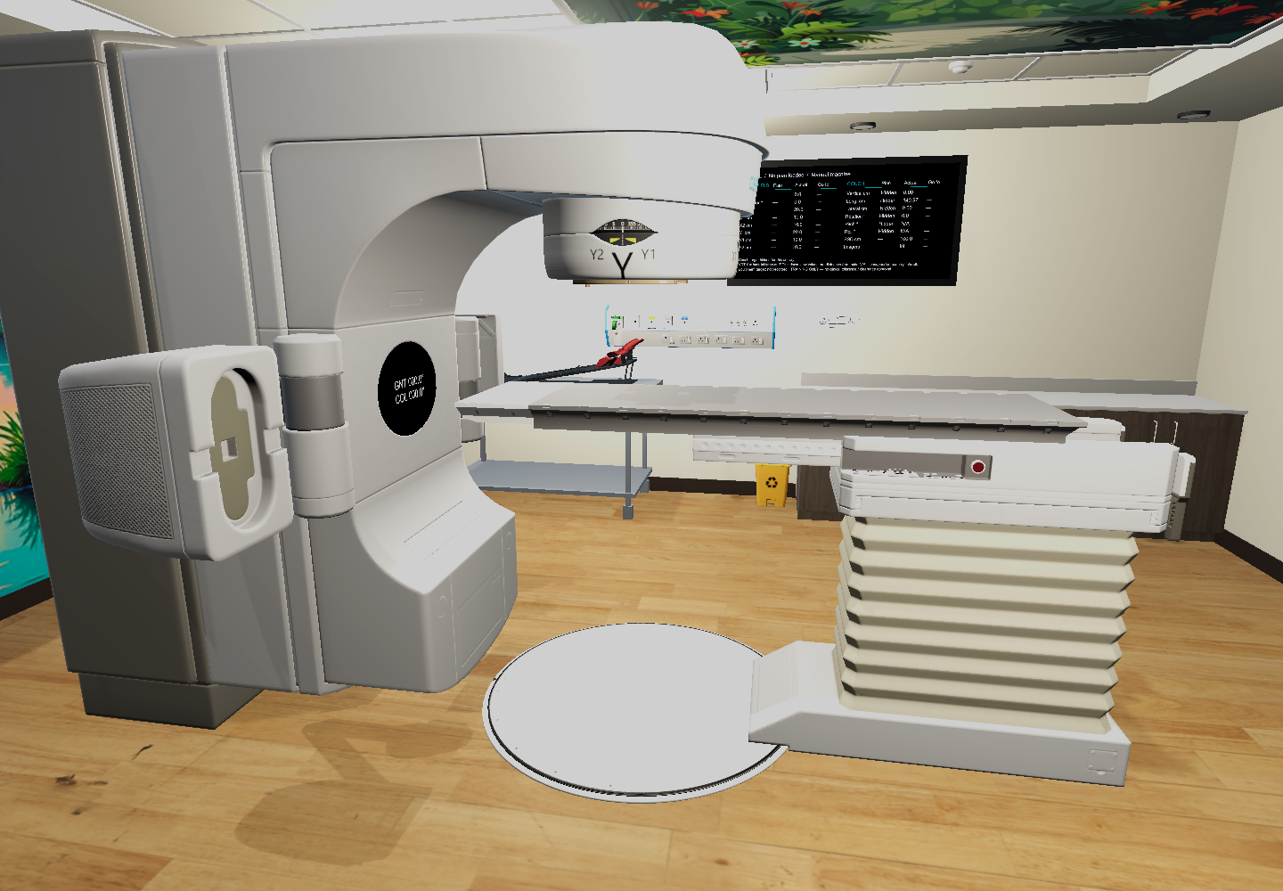 Actual CETSOL simulator showing a virtual LINAC, treatment couch and room equipment
